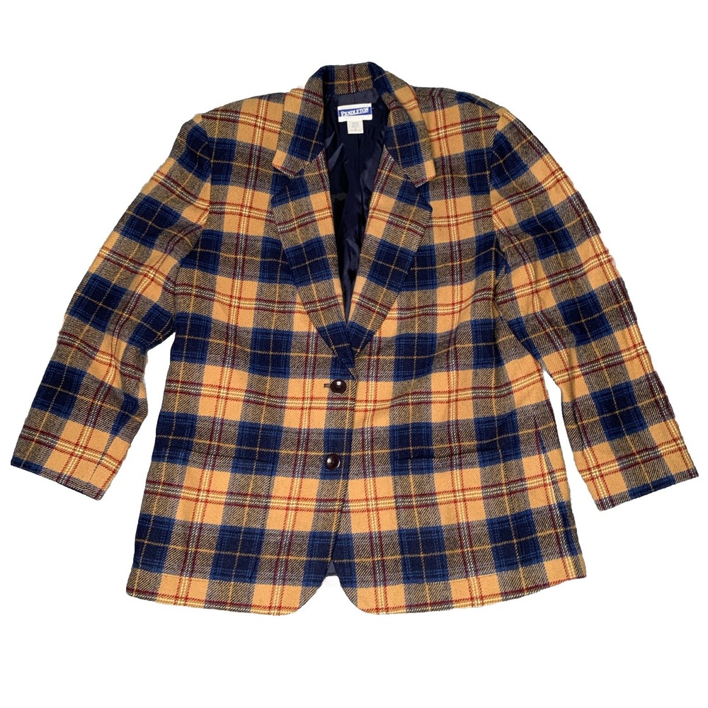 Vintage 90s Pendleton Virgin Wool Two Button Blue Yellow Plaid Blazer Men Size L